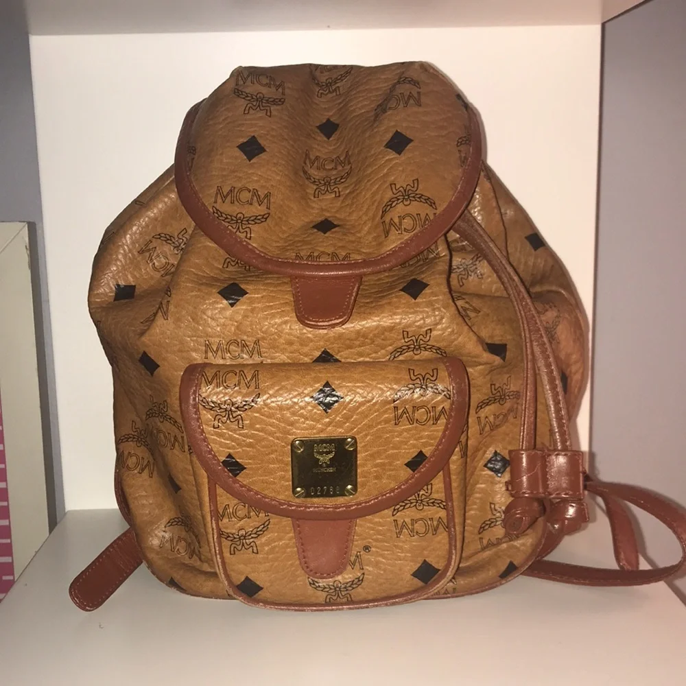 MCM Cognac Visetos Logo Leather Drawstring Backpack